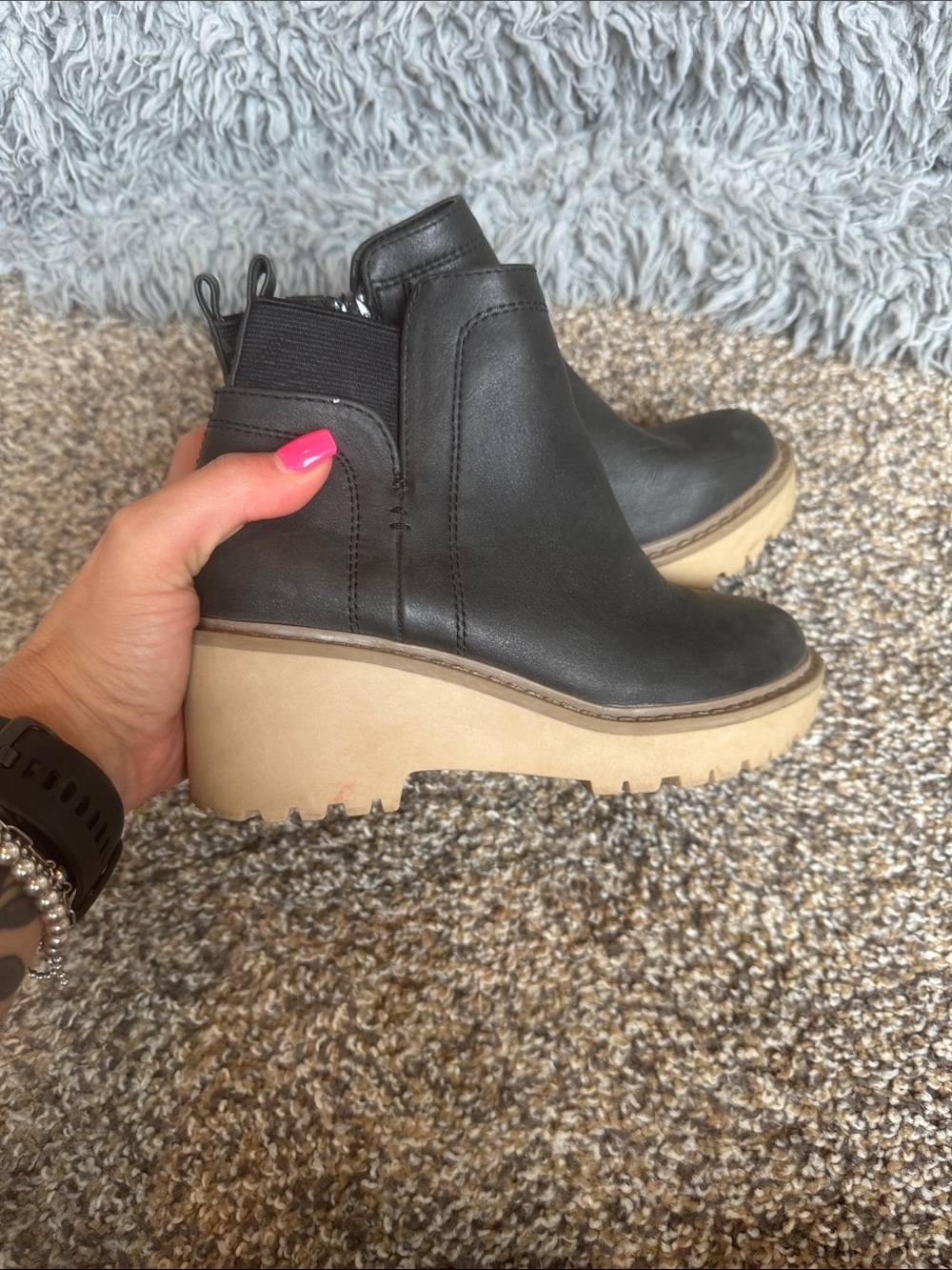 Black Wedge Ankle Booties with Tan Platform - Picture 5 of 5